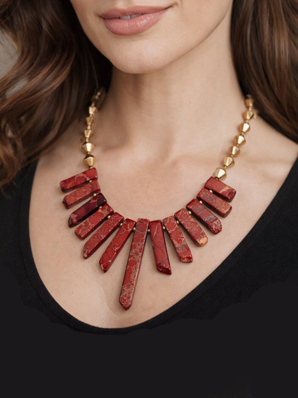 Vintage Red Imperial Jasper Stick/Spike Bib Necklace Gold Tone Statement Collar